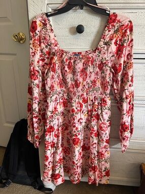 Old Navy Pink Floral Smocked Babydoll Dress with Red Bloom Print